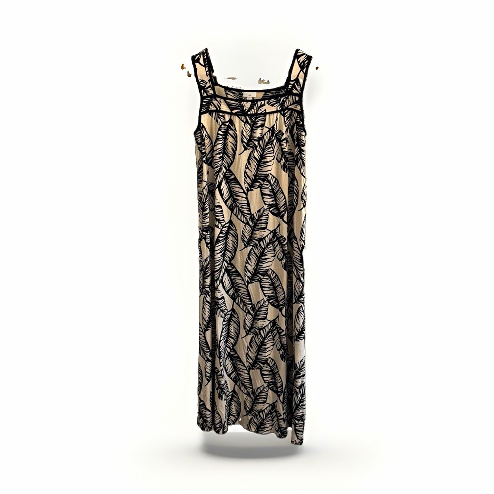 J. Jill Maxi Dress Womens M Black Beige Leaf Print Square Neck Stretch